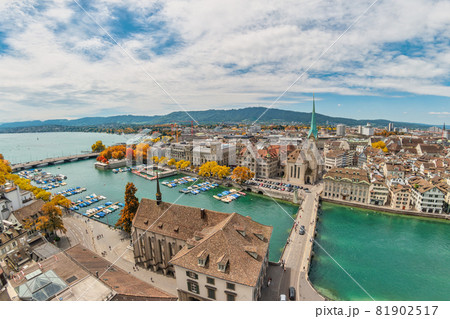 Zurich Switzerland, high angle view city skyline from Grossmunster with autumn foliage season 81902517
