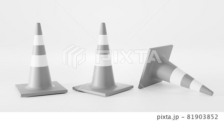 Traffic cones angle view and lying down. Realistic 3d set warning sings, mockup grey striped construction fences, repair hurdles. Safety barrier for road and highways, isolated on white background 81903852