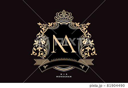 NA initial letter with crown and ornament pattern illustration, graphic name Frames and Border of floral designs, applicable for NA Monogram, for insignia, wedding couple name, badge label premium. 81904490