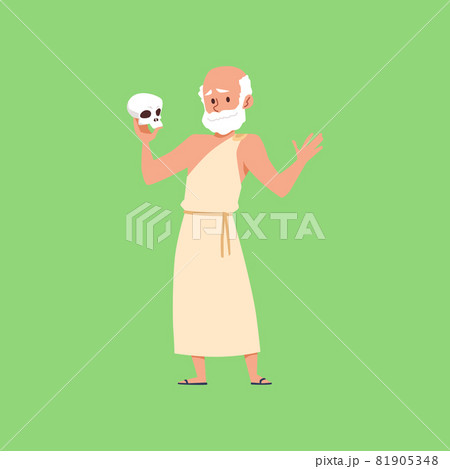 Ancient Greek philosopher holding human skull, flat vector illustration isolated. 81905348