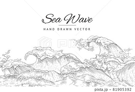 Background design with giant sea wave in black thin line, vector illustration. Background design with giant sea wave in black thin line, vector illustration. 81905392
