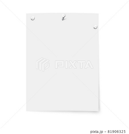 Rectangular blank white sheet on wall attached with several metal nails 81906325