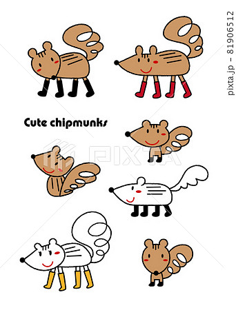 可愛らしいシマリスさんたち 子供が描いた絵 イラスト セット ベクターのイラスト素材