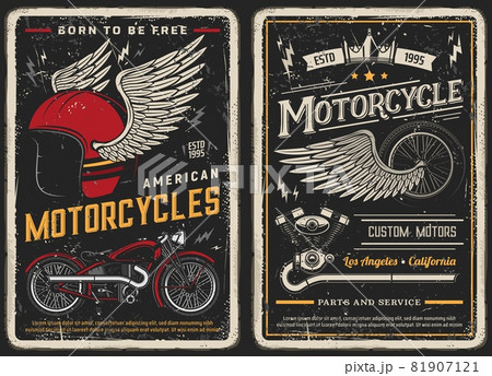 Bike and motorcycle vintage posters. Custom motors, parts and service vintage vector cards for biker club. Retro motorbike garage, classic antique chopper and winged helmet and wheel grunge design Bike and motorcycle vintage posters. Custom motors, parts and service vintage vector cards for biker club. Retro motorbike garage, classic antique chopper and winged helmet and wheel grunge design 81907121