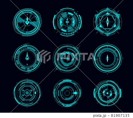 HUD compass or aim control panel of futuristic navigation interface. Vector ui of Sci Fi game with digital compass or viewfinder displays, neon glowing wind rose arrows, target scopes and crosshair 81907135