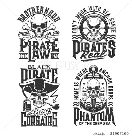 Pirate captain and corsair skull t-shirt print vector mockup of piracy. Skulls and skeleton head of dead pirate captain, corsair or sailor with hat, hook and anchors, helm, wheel and sea waves Pirate captain and corsair skull t-shirt print vector mockup of piracy. Skulls and skeleton head of dead pirate captain, corsair or sailor with hat, hook and anchors, helm, wheel and sea waves 81907160