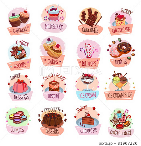 Sweets, desserts, ice cream and chocolate vector icons of sweet food. Cake, donut and cupcake, candy, macaron and muffin, cookie, pudding and gingerbread symbols, pastry shop, cafe and confectionery Sweets, desserts, ice cream and chocolate vector icons of sweet food. Cake, donut and cupcake, candy, macaron and muffin, cookie, pudding and gingerbread symbols, pastry shop, cafe and confectionery 81907220