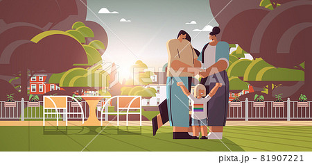 mix race female parents walking outdoor with little child lesbian family transgender love LGBT community concept 81907221
