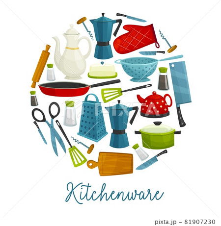 Home kitchenware, kitchen utensils, cooking tools and cutlery, vector restaurant and household accessories. Frying pan, coffee pot, corkscrew and chef knife, teapot, grater, spatula and kettle 81907230