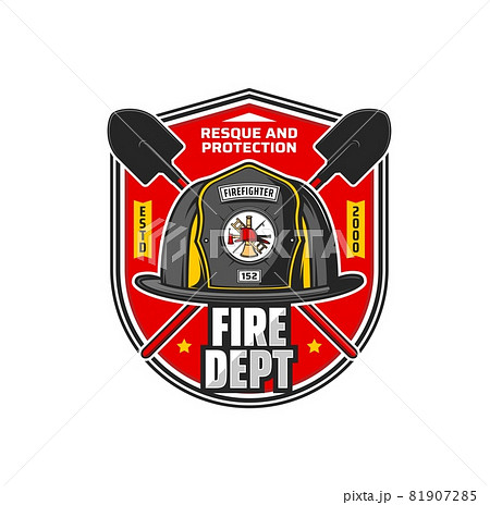Firefighting department icon. Fire dept, firefighting brigade vector vintage badge or retro symbol with crossed shovels, firefighter helmet with axe, ladder and pike pole on emblem 81907285