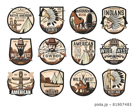 Wild West, American Western icons of saloon, cowboy and longhorn bull skull, vector. Native American symbols of Totem and Indian chief tomahawk, canoe and dream catcher, stage coach and horse Wild West, American Western icons of saloon, cowboy and longhorn bull skull, vector. Native American symbols of Totem and Indian chief tomahawk, canoe and dream catcher, stage coach and horse 81907483