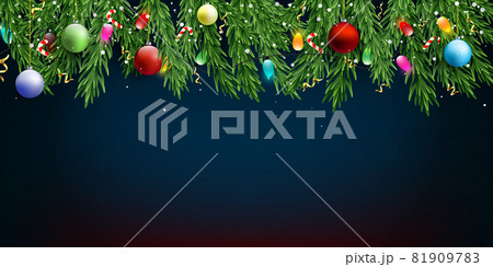 Christmas and New Year blue vector background with fir branches, candies, garlands, golden serpentine and falling snow. 81909783