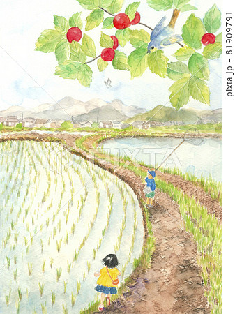 昭和イメージの風景 田植え ユスラウメ 子どもたち 手描き水彩画 のイラスト素材