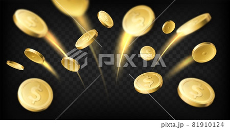 Golden coins explosion. Realistic dollar coins flying with moving traces, gambling games prize, casino jackpot, money cash, vector concept Golden coins explosion. Realistic dollar coins flying with moving traces, gambling games prize, casino jackpot, money cash, vector concept 81910124