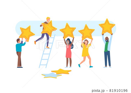 People feedback. Happy men and women characters with big stars, rating appreciation, app ranking, users give points for service, vector set 81910196