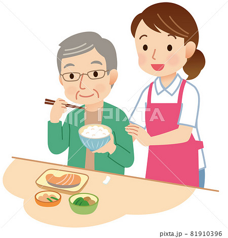 食事をする高齢者 食事介助 ヘルパーのイラスト素材