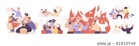 Office conflict. Businesswoman conflicts, mad business team. Angry executive manages, disagreement in work. Management chaos utter vector scenes 81910548