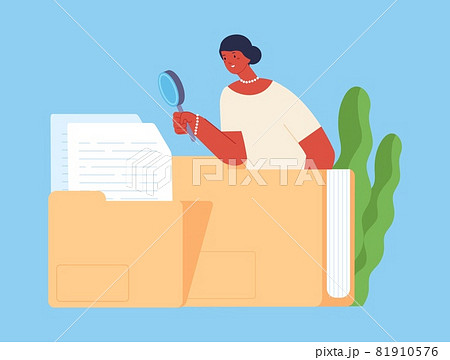 Office woman search files. Girl look in magnifying glass, businesswoman or human resources manager. Data safe, information vector concept 81910576