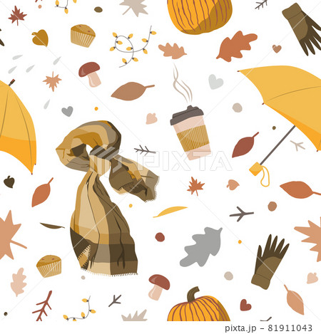 Cute autumn seamless pattern with cosy hand drawn scarf, coffee, umbrella, and doodle autumn elements. Concept of hygge autumn 81911043