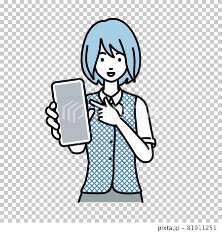 A woman in a clerk uniform standing and pointing at her smartphone 81911251
