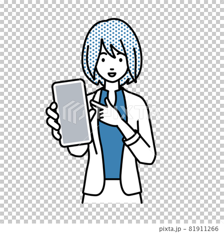 立ってスマートフォンを指差してこちらに向けて見せているジャケットの女性 立ってスマートフォンを指差してこちらに向けて見せているジャケットの女性 81911266