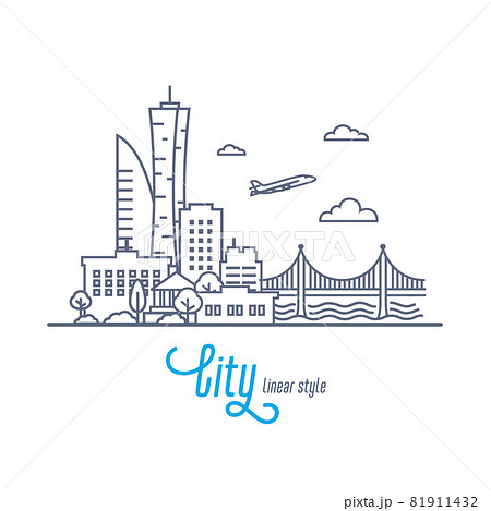Linear Cityscape with bridge and flying airplane. Outline style vector illustration on white background. Linear Cityscape with bridge and flying airplane. Outline style vector illustration on white background. 81911432