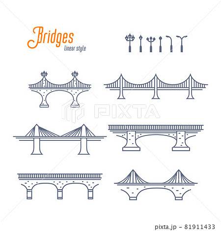 Bridges and street lamps line vector set. Various bridges and streets lights. Outline style vector illustration on white background. 81911433