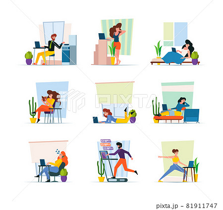 Home freelancers. Professional workers making homework in interior creative workflow relaxing persons at computer place garish vector flat stylized concept illustrations Home freelancers. Professional workers making homework in interior creative workflow relaxing persons at computer place garish vector flat stylized concept illustrations 81911747