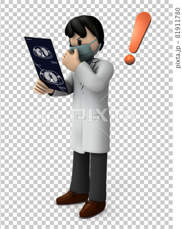 A doctor who found a lesion by looking at a scanned image of a patient. White background. 3D rendering. A doctor who found a lesion by looking at a scanned image of a patient. White background. 3D rendering. 81911780