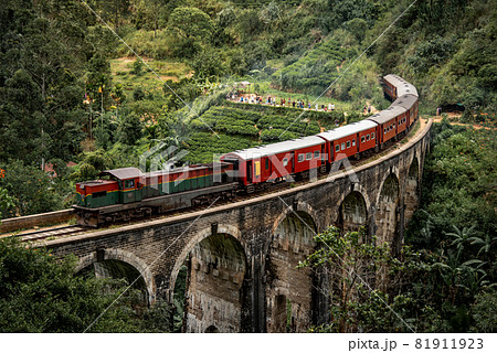 Red classic train on Nine arch bridge in Ella, Sri Lanka 81911923