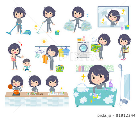 掃除や洗濯など家事に関するニート女性のセットのイラスト素材