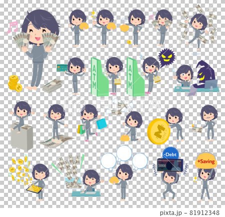 お金や経済に関するニート女性のセットのイラスト素材 お金や経済に関するニート女性のセットのイラスト素材