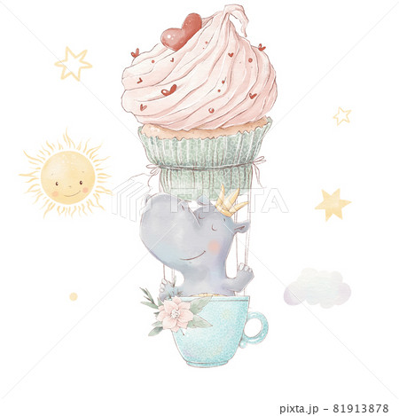 Set of cute cartoon hippo and stars. Watercolor illustration Set of cute cartoon hippo and stars. Watercolor illustration 81913878