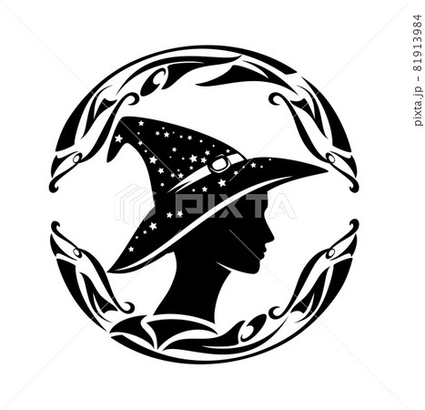 beautiful sorceress lady wearing witch hat black vector silhouette portrait in round frame 81913984