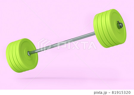 Abstract metal barbell with green disks isolated on pink background Abstract metal barbell with green disks isolated on pink background 81915320