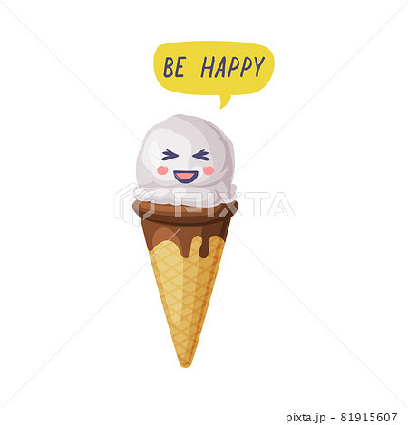 Funny Ice Cream in Waffle Cone with Happy Smiling Face and Speech Bubble Vector Illustration Funny Ice Cream in Waffle Cone with Happy Smiling Face and Speech Bubble Vector Illustration 81915607