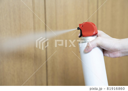 台所で殺虫剤を噴霧する女性の手元 81916860