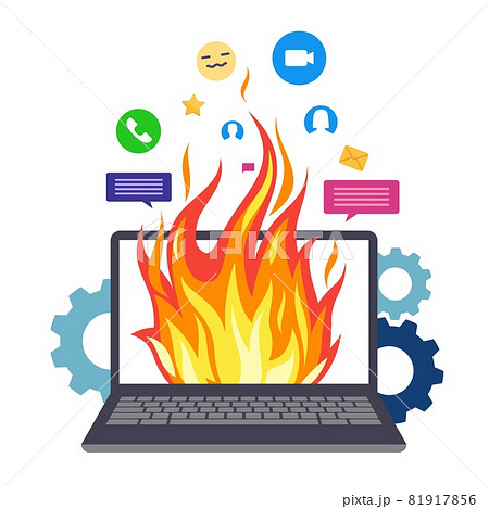 Overload. Burning computer. Cartoon laptop with flaming screen. Broken electrical device. PC system reload. Gadget reboot. Problems with software and internet messengers. Vector concept Overload. Burning computer. Cartoon laptop with flaming screen. Broken electrical device. PC system reload. Gadget reboot. Problems with software and internet messengers. Vector concept 81917856