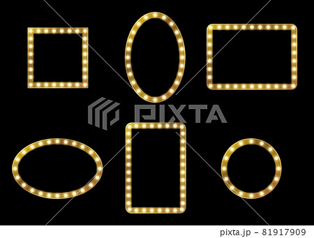 Make-up mirror frame. Lighting lamp frames different forms. Empty square rectangle and round fashion decor, glamour signboard with lamps, theater dressing room element. Vector isolated set 81917909