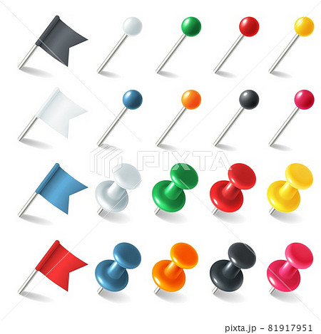 Pins tacks flags. Pointer colored marker pin flag, 3D thumbtacks tacks for attaching notes, plastic buttons with needles. Pushpins map markers, office stationery. Vector realistic isolated set 81917951