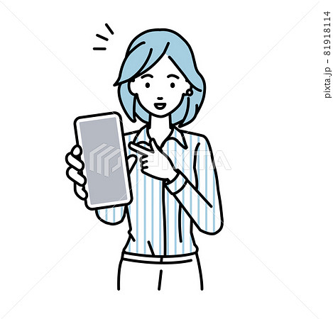 立ってスマートフォンを指差してこちらに向けて見せているブラウスの女性 立ってスマートフォンを指差してこちらに向けて見せているブラウスの女性 81918114