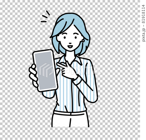 立ってスマートフォンを指差してこちらに向けて見せているブラウスの女性 立ってスマートフォンを指差してこちらに向けて見せているブラウスの女性 81918114