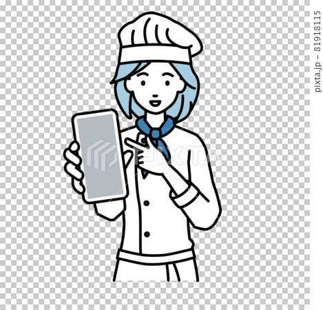 立ってスマートフォンを指差してこちらに向けて見せている調理師の女性 立ってスマートフォンを指差してこちらに向けて見せている調理師の女性 81918115