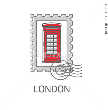 Vector illustration of a postage stamp with red phone booth. Linear icon isolated on white background. Symbol of England. Editable stroke Vector illustration of a postage stamp with red phone booth. Linear icon isolated on white background. Symbol of England. Editable stroke 81918561