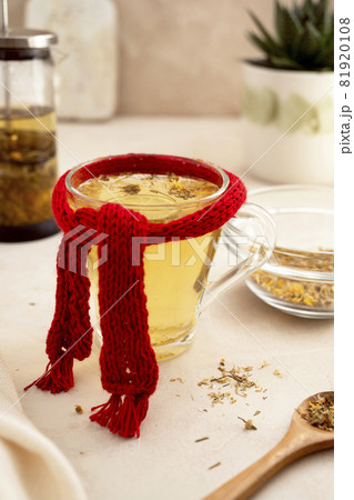 Herbal tea glass cup with red scarf. Delicious healthy warm tea. Autumn drinks. 81920108
