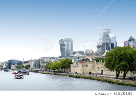 London, U.K., July 22,2021 - Financial District of London, modern buildings panorama at the Tower Bridge and river Thames 81920139