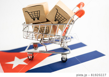 Box with shopping cart logo and Cuba flag, Import Export Shopping online or eCommerce finance delivery service store product shipping, trade, supplier concept. 81920227