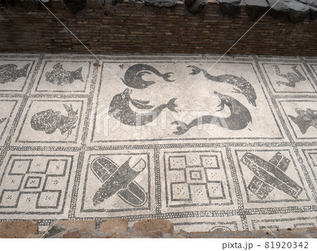 old ancient ostia archeological ruins bath complex mosaic 81920342