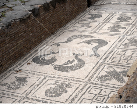 old ancient ostia archeological ruins bath complex mosaic 81920344