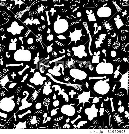 Halloween with pumpkin and anticipation. Seamless background with elements for the holiday halloween. Doodle illustration, fabric design, wrapping or background. Black and white. 81920993